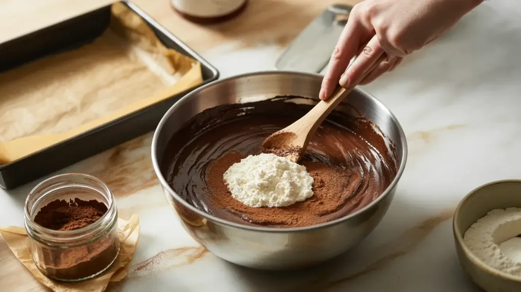 Add the Dry Ingredients in Brownie Batter Add the Dry Ingredients in Brownie Batter