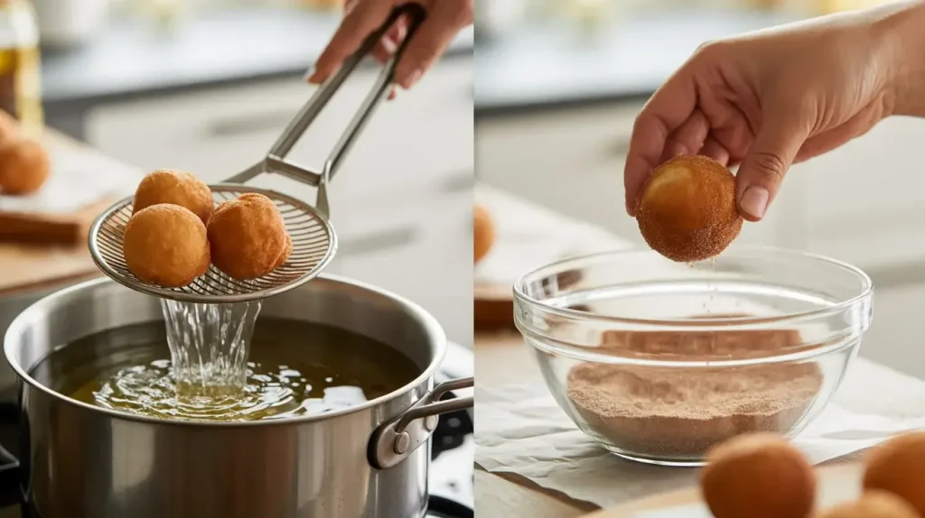 Fry the donut holes Fry the donut holes