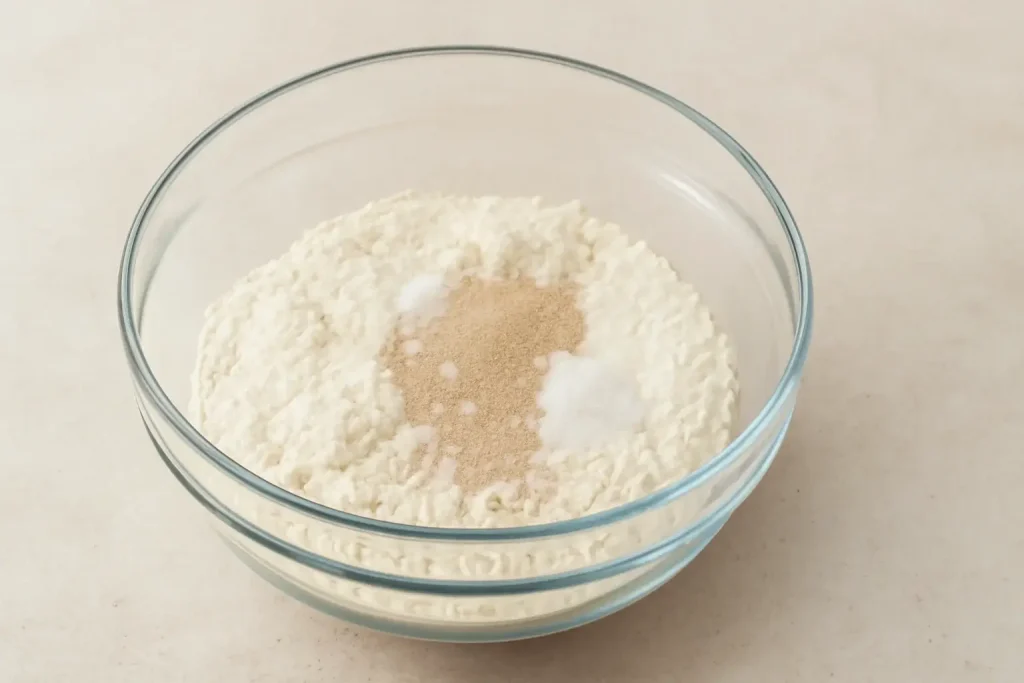 Mix flour, yeast, and salt in a bowl. Mix flour, yeast, and salt in a bowl.